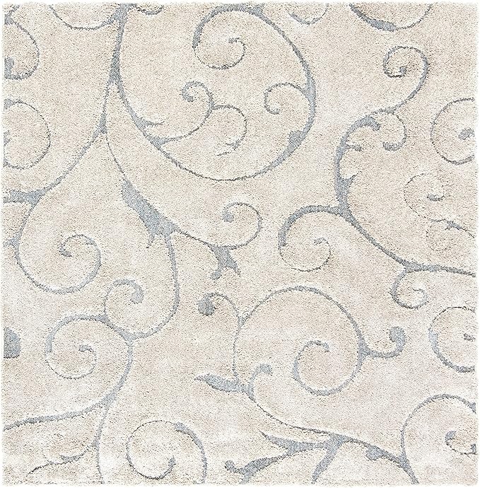 SAFAVIEH Florida Shag Collection Area Rug - 9' Square, Beige & Blue Grey, Scroll Design, Non-Shedding & Easy to Clean, High-Low Plush Pile, Ideal for Living Room, Bedroom, Dining Space (SG455-1155)