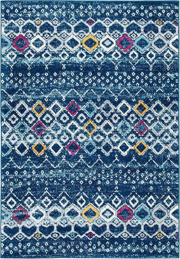 SAFAVIEH Amsterdam Collection Accent Rug - 4' x 6', Navy & Turquoise, Moroccan Boho Design, Non-Shedding & Easy Care, Ideal for High Traffic Areas in Entryway, Living Room, Bedroom (AMS108M)