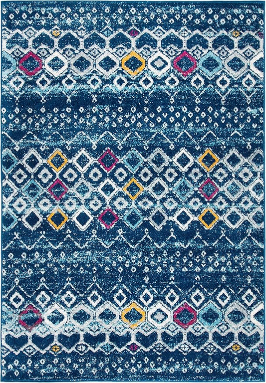 SAFAVIEH Amsterdam Collection Accent Rug - 2'3" x 4', Navy & Turquoise, Moroccan Boho Design, Non-Shedding & Easy Care, Ideal for High Traffic Areas in Entryway, Living Room, Bedroom (AMS108M)