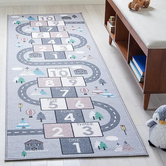 SAFAVIEH Washable Rug Kids Playhouse Collection - 2'2" x 8' Runner, Grey & Pink, Slip Resistant & Easy to Clean, Ideal for Kids Room, Playroom, Nursery, Boys & Girls Room (KPH226A)