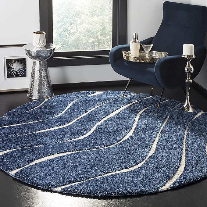 SAFAVIEH Florida Shag Collection Area Rug - 6'7" Round, Dark Blue & Cream, Non-Shedding & Easy Care, 1.2-inch Thick Ideal for High Traffic Areas in Living Room, Bedroom (SG472-6511)