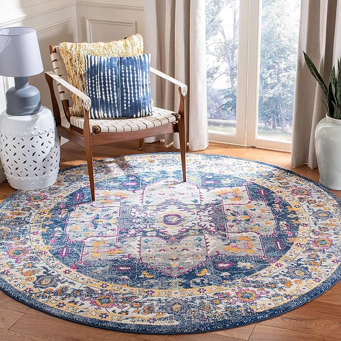 SAFAVIEH Evoke Collection Area Rug - 6'7" Round, Navy & Grey, Oriental Medallion Distressed Design, Non-Shedding & Easy Care, Ideal for High Traffic Areas in Living Room, Bedroom (EVK275N)