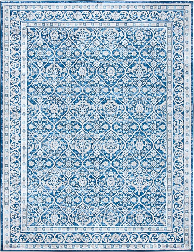 SAFAVIEH Brentwood Collection 8' x 10' Navy / Light Grey BNT870M Oriental Damask Trellis Non-Shedding Living Room Bedroom Dining Home Office Area Rug