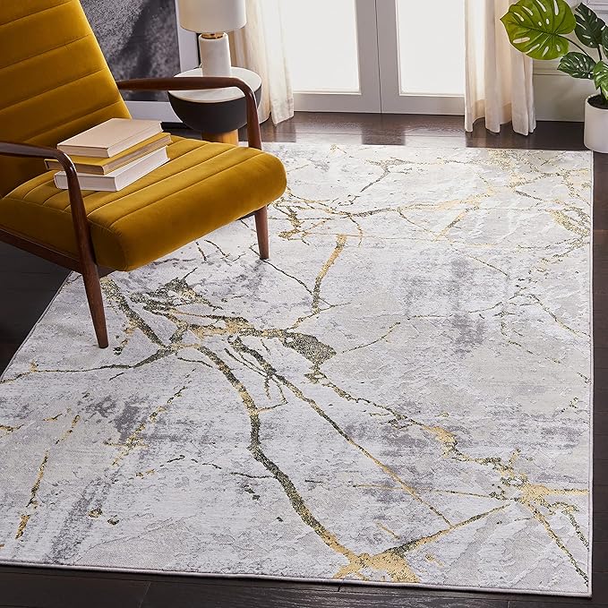 SAFAVIEH Amelia Collection Area Rug - 5' Square, Grey & Gold, Modern Abstract Design, Non-Shedding & Easy Care, Ideal for High Traffic Areas in Living Room, Bedroom (ALA293G)