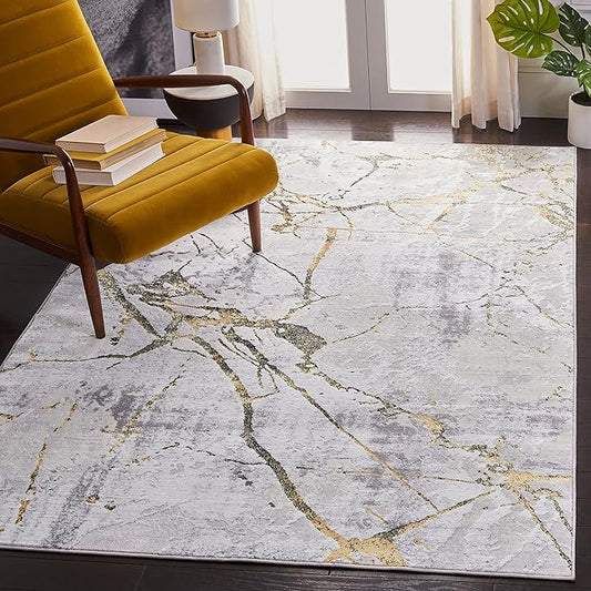 SAFAVIEH Amelia Collection Area Rug - 6'7" Square, Grey & Gold, Modern Abstract Design, Non-Shedding & Easy Care, Ideal for High Traffic Areas in Living Room, Bedroom (ALA293G)