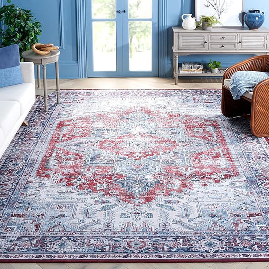 SAFAVIEH Washable Rug Tucson Collection - 9' x 12', Red & Navy, Slip Resistant & Easy to Clean, Ideal for Living Room, Bedroom, Dining Space (TSN101S)