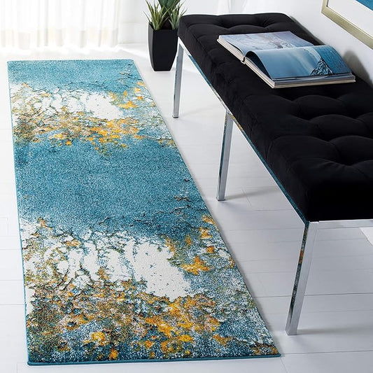 SAFAVIEH Glacier Collection 2'3" x 16' Blue/Gold GLA125M Abstract Non-Shedding Entryway Foyer Living Room Kitchen Runner Rug