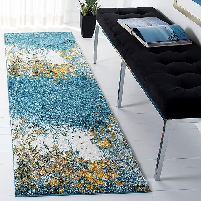 SAFAVIEH Glacier Collection Runner Rug - 2'3" x 12', Blue & Gold, Modern Abstract Design, Non-Shedding & Easy Care, Ideal for High Traffic Areas in Living Room, Bedroom (GLA125M)