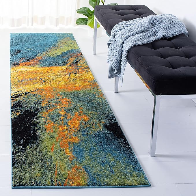 SAFAVIEH Galaxy Collection Runner Rug - 2'3" x 6' Runner, Blue & Yellow, Modern Abstract Design, Ideal for High Traffic Areas in Living Room, Bedroom, Dining (GAL117L-26)