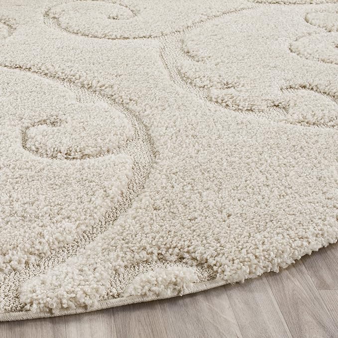 SAFAVIEH Florida Shag Collection Area Rug - 4' Round, Cream & Cream, Scroll Design, Non-Shedding & Easy to Clean, High-Low Plush Pile, Ideal for Living Room, Bedroom, Dining Space (SG455-1111)