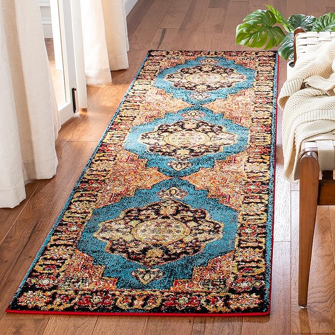 SAFAVIEH Vintage Hamadan Collection Runner Rug - 2'3" x 8', Gold & Light Blue, Traditional Oriental Design, Non-Shedding & Easy Care, Ideal for High Traffic Areas in Living Room, Bedroom (VTH219D)