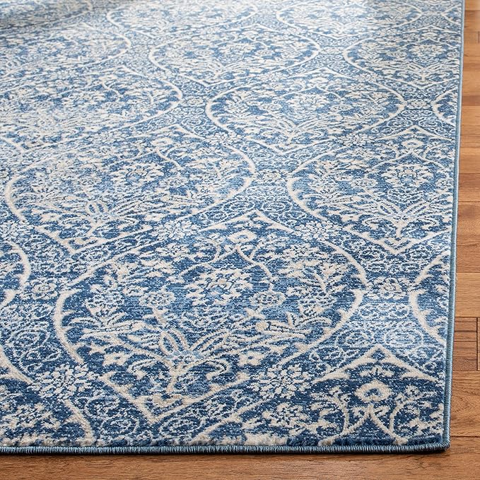 SAFAVIEH Brentwood Collection 2' x 8' Navy / Light Grey BNT860M Floral Damask Ogee Trellis Non-Shedding Living Room Entryway Foyer Hallway Bedroom Runner Rug
