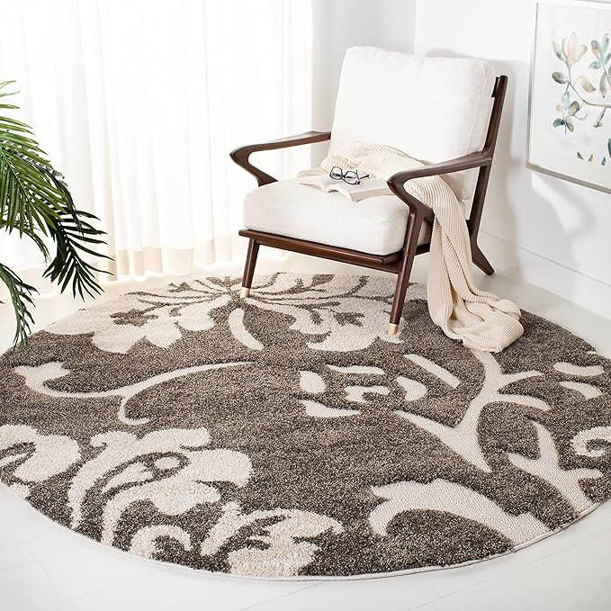 SAFAVIEH Florida Shag Collection 6'7" Round Smoke / Beige SG458 Floral Non-Shedding Living Room Bedroom Dining Room Entryway Plush 1.2-inch Thick Area Rug