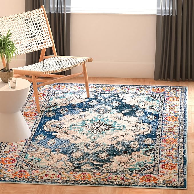 SAFAVIEH Monaco Collection Area Rug - 8' x 10', Navy & Light Blue, Non-Shedding & Easy to Clean, Distressed Medallion Design, Ideal for Living Room, Bedroom, Dining Space (MNC243N)