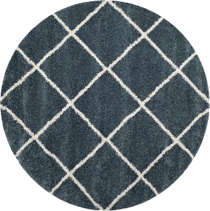SAFAVIEH Hudson Shag Collection Area Rug - 5' Round, Slate Blue & Ivory, Modern Trellis Design, Non-Shedding & Easy Care, 2-inch Thick Ideal for High Traffic Areas in Living Room, Bedroom (SGH281L)