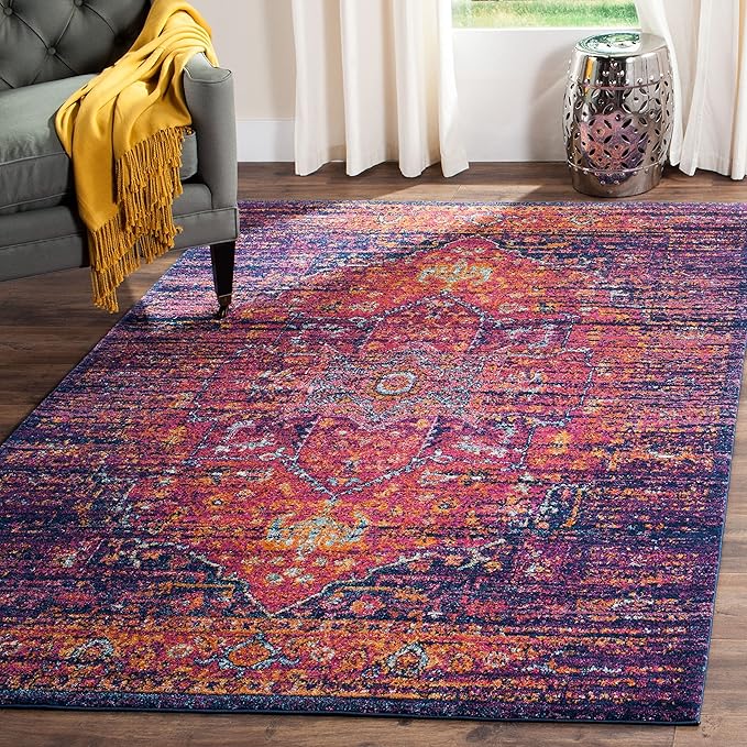 SAFAVIEH Evoke Collection 3' x 5' Fuchsia / Ivory EVK275R Oriental Medallion Distressed Non-Shedding Living Room Bedroom Accent Rug
