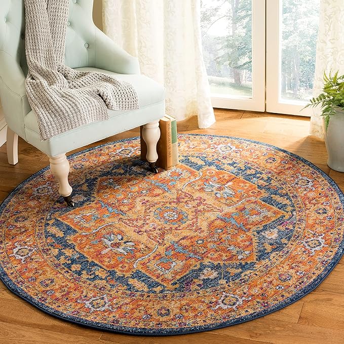 SAFAVIEH Evoke Collection Area Rug - 5'3" Round, Blue & Orange, Oriental Medallion Distressed Design, Non-Shedding & Easy Care, Ideal for High Traffic Areas in Living Room, Bedroom (EVK275C)