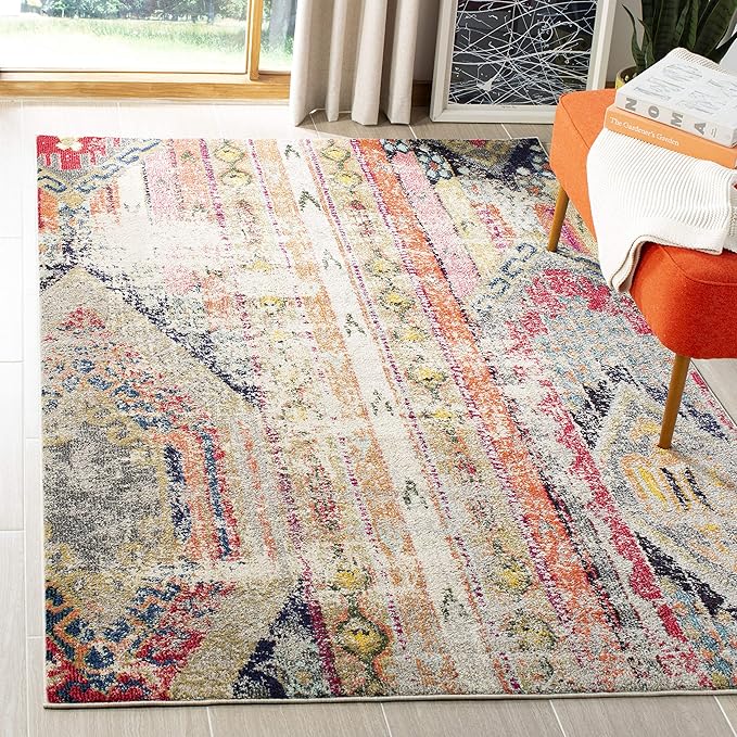SAFAVIEH Monaco Collection Area Rug - 6'7" x 9'2", Light Grey & Multi, Boho Chic Tribal Distressed Design, Non-Shedding & Easy Care, Ideal for High Traffic Areas in Living Room, Bedroom (MNC222G)