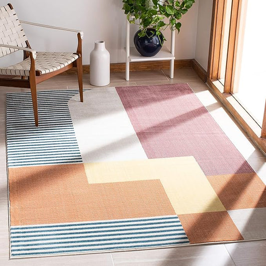 SAFAVIEH Orwell Collection Area Rug - 5'3" Square, Rust & Yellow, Mid-Century Modern Abstract Design, Non-Shedding & Easy Care, Ideal for High Traffic Areas in Living Room, Bedroom (ORW368P)