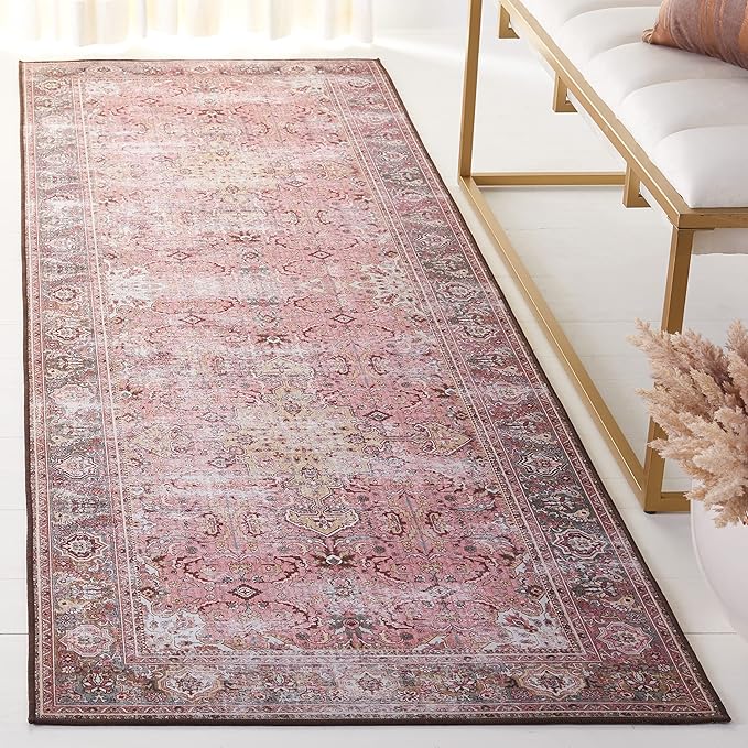 SAFAVIEH Washable Rug Tucson Collection - 2'6" x 4', Pink & Beige, Slip Resistant & Easy to Clean, Ideal for Living Room, Bedroom, Dining Space (TSN144U)