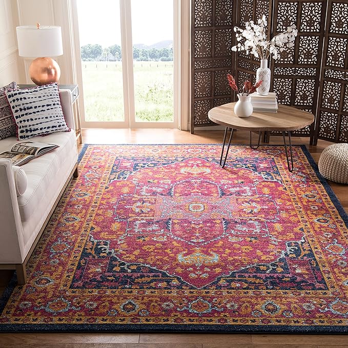 SAFAVIEH Evoke Collection Area Rug - 5'3" Square, Fuchsia & Orange, Oriental Medallion Distressed Design, Non-Shedding & Easy Care, Ideal for High Traffic Areas in Living Room, Bedroom (EVK275S)
