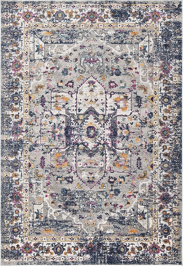 SAFAVIEH Evoke Collection 6'7" x 9' Grey / Navy EVK275G Oriental Medallion Distressed Non-Shedding Living Room Bedroom Dining Home Office Area Rug