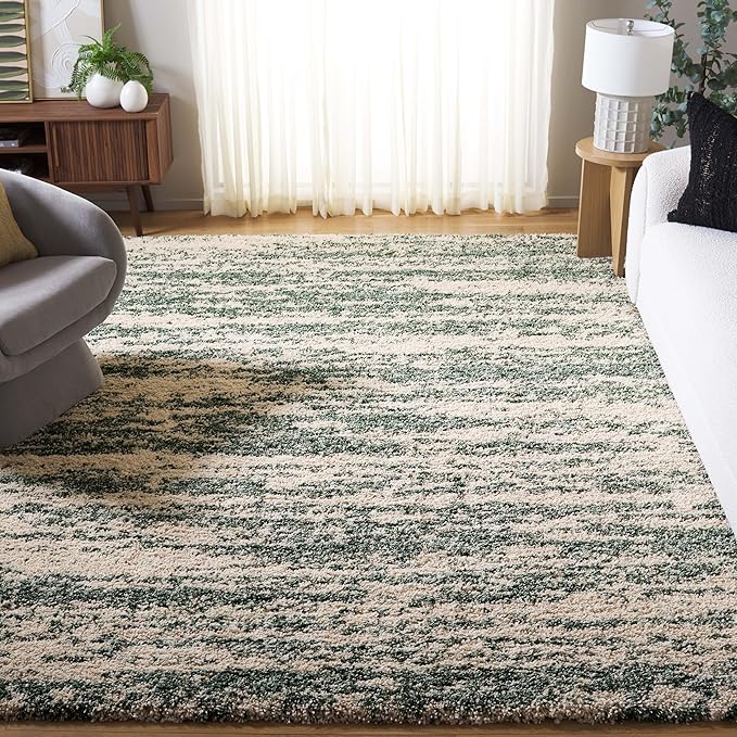 SAFAVIEH Hudson Shag Collection Area Rug - 10' Square, Ivory & Green, Non-Shedding & Easy Cleaning, Plush Thick Pile, Ideal for Living Room, Bedroom, Dining Space (SGH206Y)