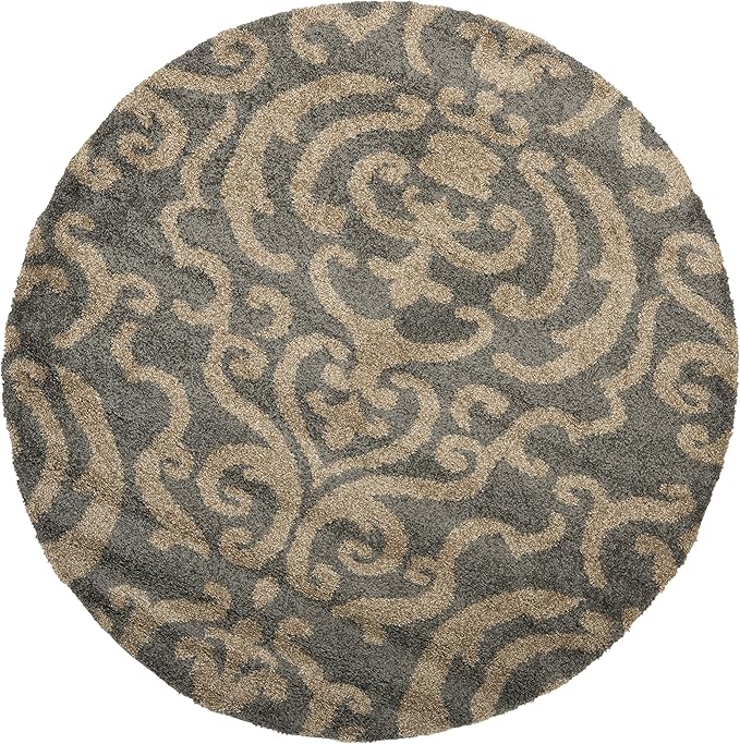 SAFAVIEH Florida Shag Collection 5' Round Grey/Beige SG462 Damask Non-Shedding Living Room Bedroom Dining Room Entryway Plush 1.2-inch Thick Area Rug