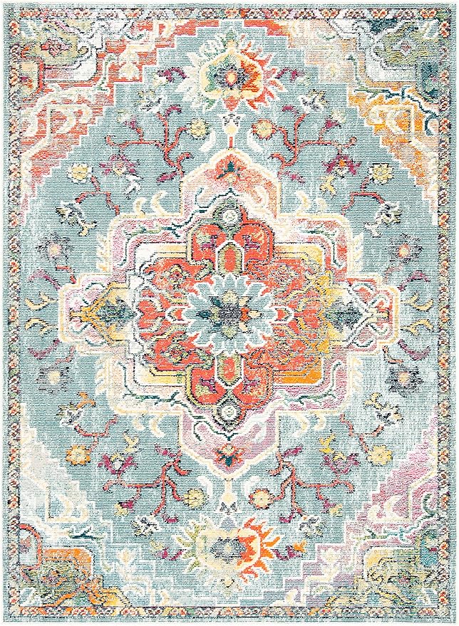 SAFAVIEH Crystal Collection Area Rug - 5' x 8', Teal & Orange, Medallion Distressed Design, Non-Shedding & Easy Care, Ideal for High Traffic Areas in Living Room, Bedroom (CRS501J)