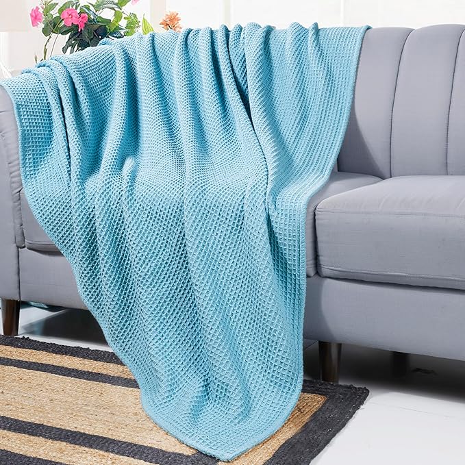 Bed & Bath Home Premium 100% Cotton Waffle Weave Blanket King Size – Soft Breathable Lightweight Comfort, Natural All-Season Bed Blanket, Easy-Care Bedspread for Bed & Couch (Blue)