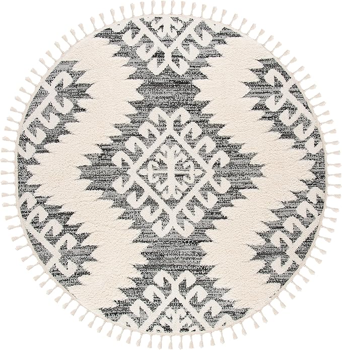 SAFAVIEH Moroccan Tassel Shag Collection Area Rug - 11' Round, Ivory & Grey, Boho Design, Non-Shedding & Easy Care, 2-inch Thick Ideal for High Traffic Areas in Living Room, Bedroom (MTS652F)