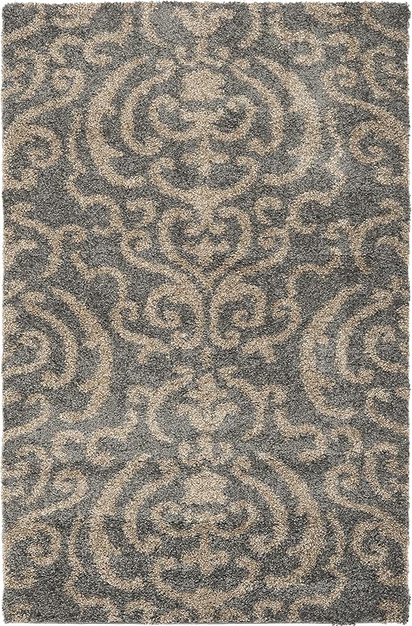 SAFAVIEH Florida Shag Collection Accent Rug - 3'3" x 5'3", Grey & Beige, Damask, Non-Shedding & Easy Care, 1.2-inch Thick Ideal for High Traffic Areas in Foyer, Living Room, Bedroom (SG462-8013)