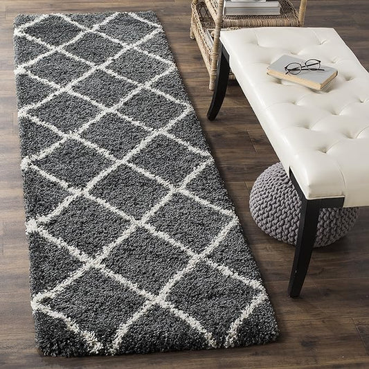 SAFAVIEH Hudson Shag Collection Runner Rug - 2'3" x 22', Dark Grey & Ivory, Modern Trellis Design, Non-Shedding & Easy Care, 2-inch Thick Ideal for High Traffic Areas in Living Room, Bedroom (SGH281G)