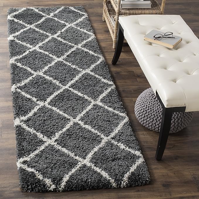 SAFAVIEH Hudson Shag Collection Runner Rug - 2'3" x 14', Dark Grey & Ivory, Modern Trellis Design, Non-Shedding & Easy Care, 2-inch Thick Ideal for High Traffic Areas in Living Room, Bedroom (SGH281G)