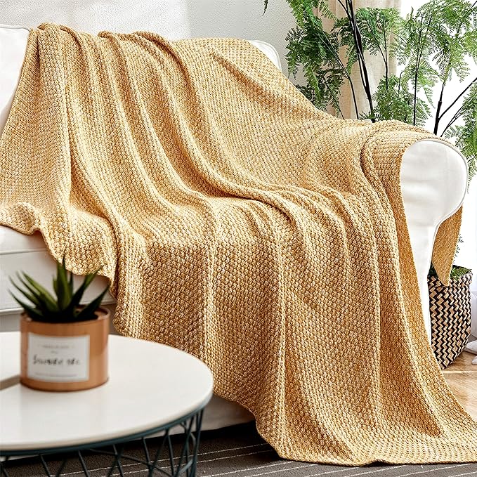 Longhui bedding Gold Knitted Throw Blanket for Couch, Soft, Cozy Machine Washable 100% Cotton Sofa Blanket, Heavy 2.5lb Weight, Laundry Bag Included, Mustard Yellow and White