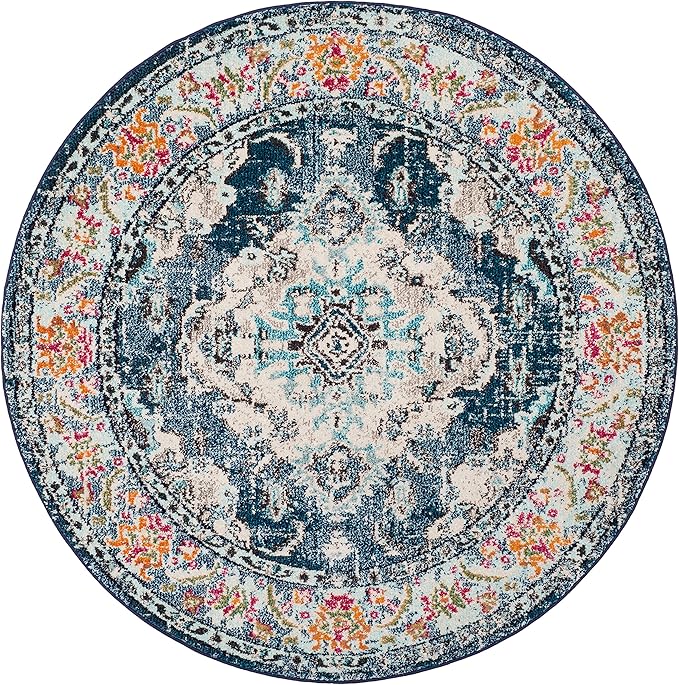 SAFAVIEH Monaco Collection Area Rug - 8'8" Round, Navy & Light Blue, Non-Shedding & Easy to Clean, Distressed Medallion Design, Ideal for Living Room, Bedroom, Dining Space (MNC243N)