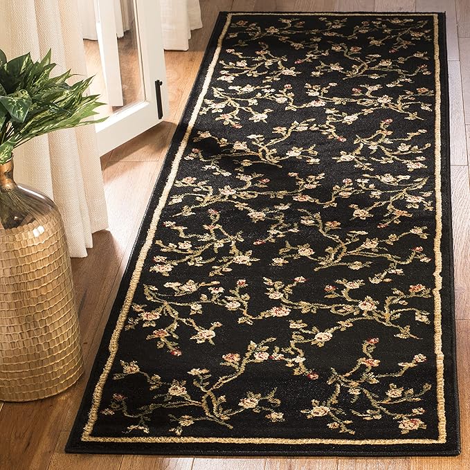 SAFAVIEH Lyndhurst Collection Runner Rug - 2'3" x 20', Black, Traditional Floral Design, Non-Shedding & Easy Care, Ideal for High Traffic Areas in Living Room, Bedroom (LNH220A)