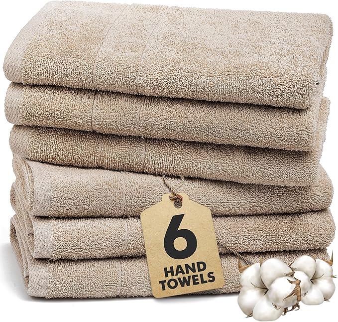 100% Cotton Hand Towels for Bathroom – Soft & Absorbent Towel Set– Pack of 6 Small Towel (34x20in) – Quick Dry Luxury Cotton Hand Towels – Beige