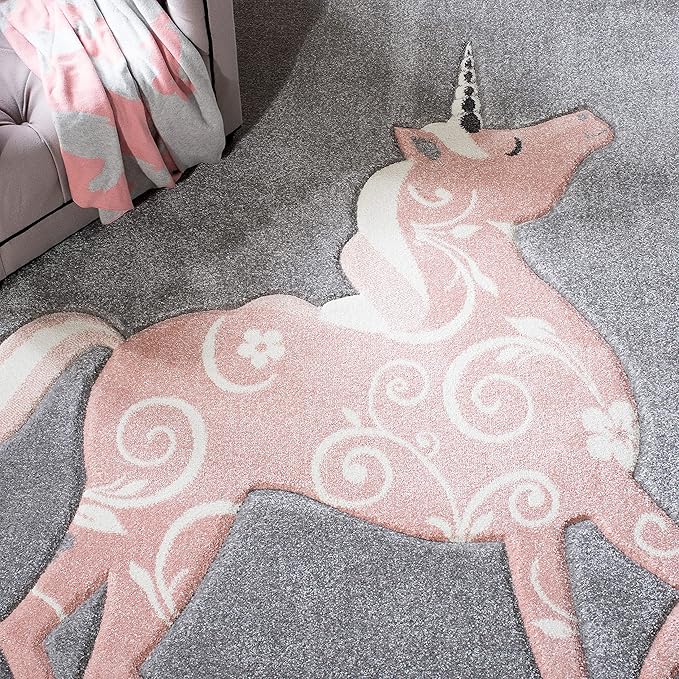 SAFAVIEH Carousel Kids Collection Area Rug - 6'7" Square, Grey & Pink, Non-Shedding & Easy Care, Ideal for High Traffic Areas for Boys & Girls in Playroom, Nursery, Bedroom (CRK163F)