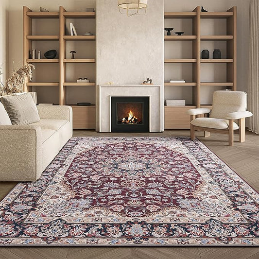 SAFAVIEH Washable Rug Tucson Collection - 8' x 10', Red & Navy, Slip Resistant & Easy to Clean, Ideal for Living Room, Bedroom, Dining Space (TSN135Q)