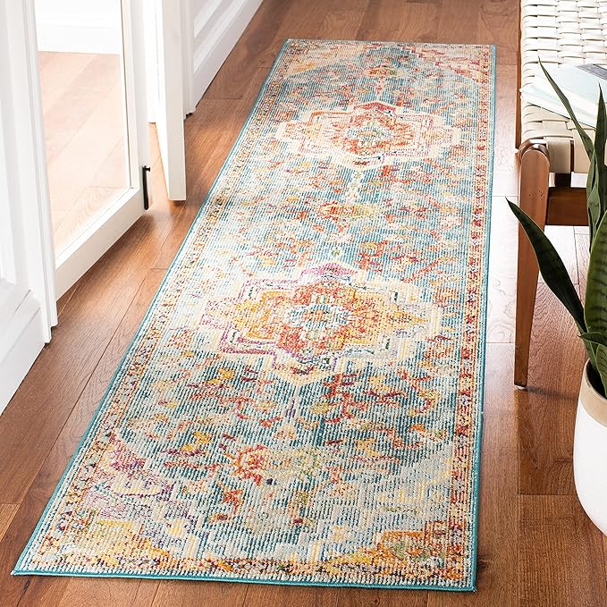SAFAVIEH Crystal Collection Runner Rug - 2'2" x 15', Orange & Teal, Medallion Distressed Design, Non-Shedding & Easy Care, Ideal for High Traffic Areas in Living Room, Bedroom (CRS501K)
