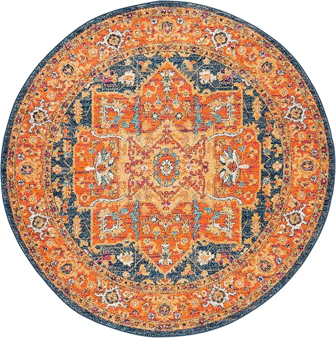 SAFAVIEH Evoke Collection Area Rug - 5'3" Round, Blue & Orange, Oriental Medallion Distressed Design, Non-Shedding & Easy Care, Ideal for High Traffic Areas in Living Room, Bedroom (EVK275C)