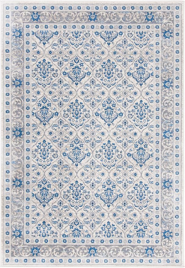 SAFAVIEH Brentwood Collection 5'3" x 7'6" Ivory/Blue BNT870A Oriental Damask Trellis Non-Shedding Living Room Bedroom Dining Home Office Area Rug