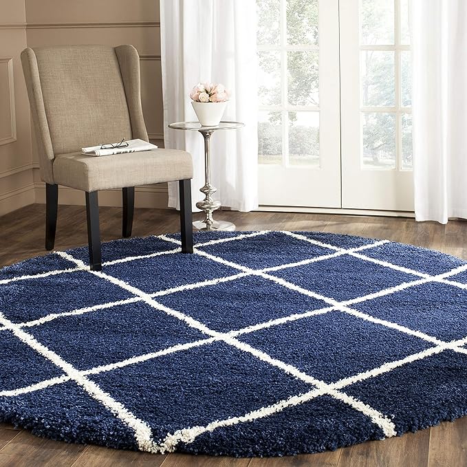 SAFAVIEH Hudson Shag Collection 3' Round Navy/Ivory SGH281C Modern Diamond Trellis Non-Shedding Living Room Bedroom Dining Room Entryway Plush 2-inch Thick Area Rug