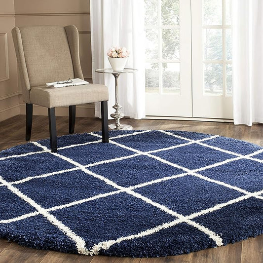SAFAVIEH Hudson Shag Collection 3' Round Navy/Ivory SGH281C Modern Diamond Trellis Non-Shedding Living Room Bedroom Dining Room Entryway Plush 2-inch Thick Area Rug
