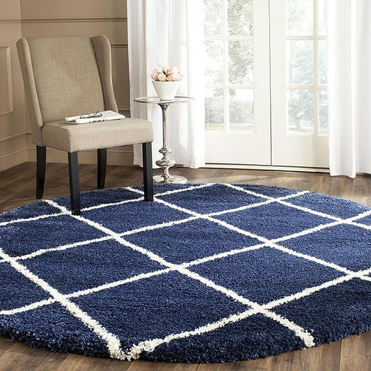 SAFAVIEH Hudson Shag Collection Area Rug - 7' Round, Navy & Ivory, Modern Trellis Design, Non-Shedding & Easy Care, 2-inch Thick Ideal for High Traffic Areas in Living Room, Bedroom (SGH281C)