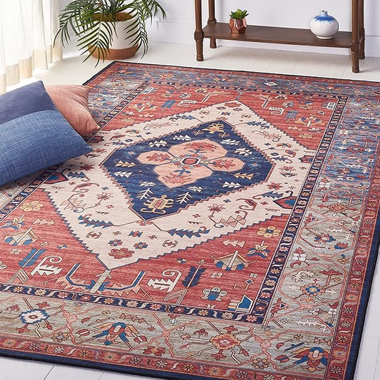 SAFAVIEH Washable Rug Tucson Collection - 5' x 8', Rust & Blue, Slip Resistant & Easy to Clean, Ideal for Living Room, Bedroom, Dining Space (TSN153P)