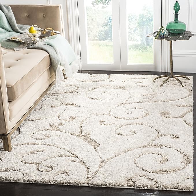 SAFAVIEH Florida Shag Collection Area Rug - 6' x 9', Cream & Beige, Scroll Design, Non-Shedding & Easy to Clean, High-Low Plush Pile, Ideal for Living Room, Bedroom, Dining Space (SG455-1113)