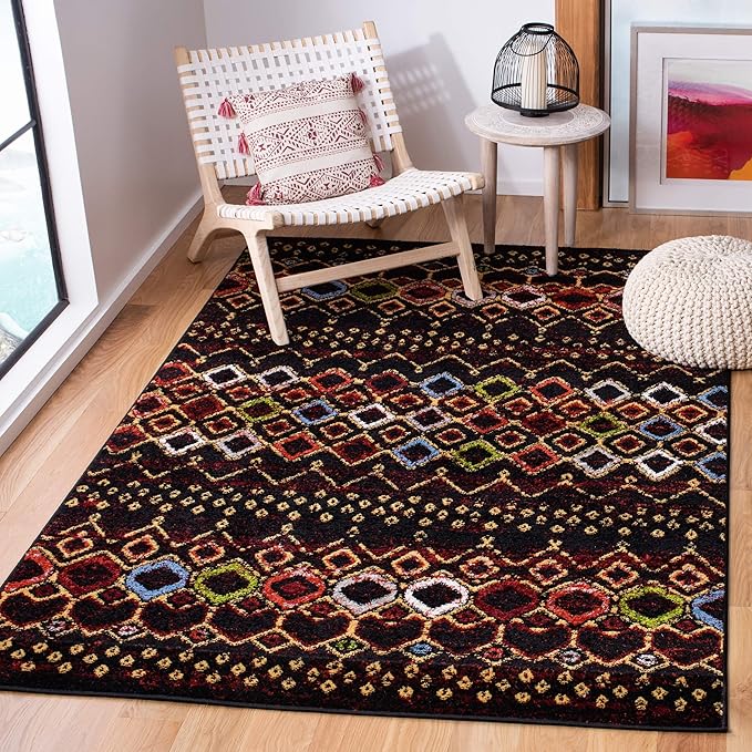 SAFAVIEH Amsterdam Collection Area Rug - 6'7" x 9'2", Black & Multi, Moroccan Boho Design, Non-Shedding & Easy Care, Ideal for High Traffic Areas in Living Room, Bedroom (AMS108P)