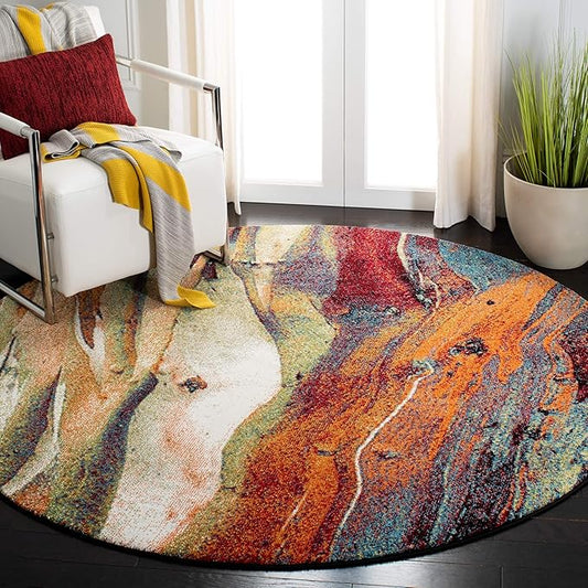 SAFAVIEH Glacier Collection 5'3" Round Red/Green GLA126Q Modern Abstract Non-Shedding Dining Room Entryway Foyer Living Room Bedroom Area Rug